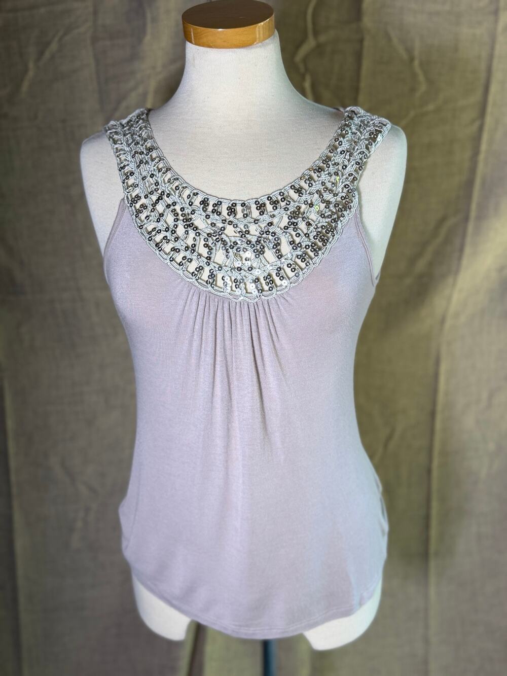 C.D.R Taupe Beaded Sequin Sleeveless Tank Top Boho Sequin Neck